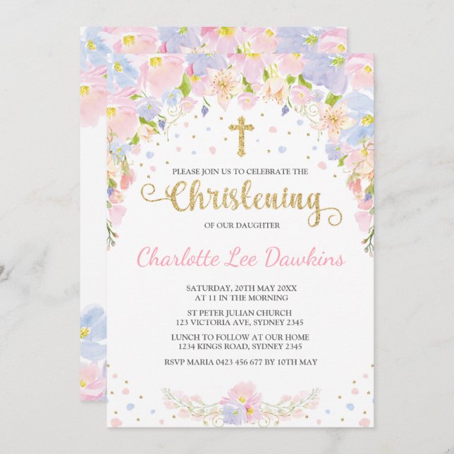 Soft Pastel Floral Girl Christening Baptism Invite (Front/Back)