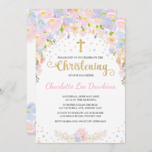 Soft Pastel Floral Girl Christening Baptism Invite