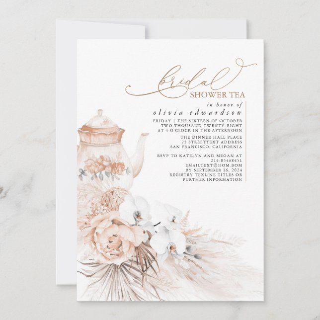 Soft Pastel Floral Pampas Grass Bridal Shower Tea Invitation (Front)