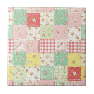 Soft Pastel Floral Patchwork Gingham Check Ceramic Tile