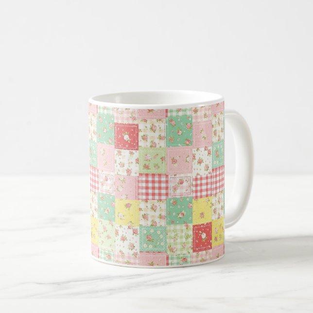 Soft Pastel Floral Patchwork Gingham Check Coffee Mug (Front Right)