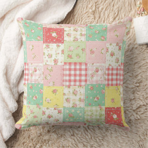 Soft Pastel Floral Patchwork Gingham Check Cushion