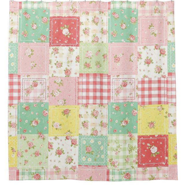 Soft Pastel Floral Patchwork Gingham Check Shower Curtain (Front)