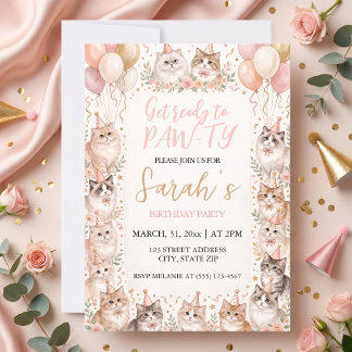 Soft Pastel Floral & Watercolor Kittens Birthday Invitation