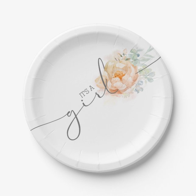 Soft Pastel Flower Elegant Script Baby Shower Paper Plate (Front)