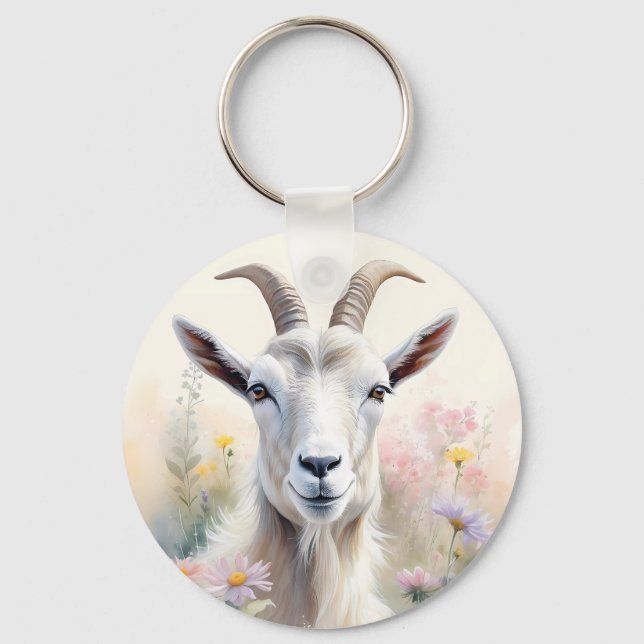 Soft Pastel Flower Field Goat Portrait Key Ring (Front)
