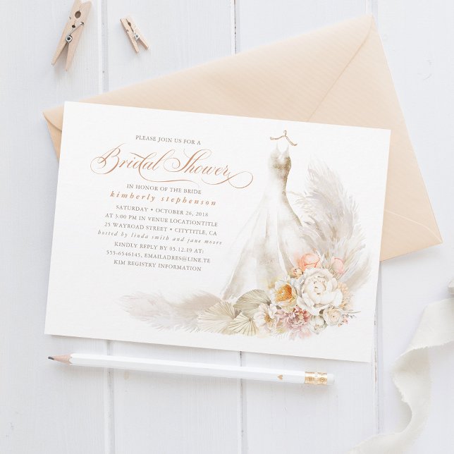 Soft Pastel Flowers and Pampas Grass Bridal Shower Invitation (Creator Uploaded)
