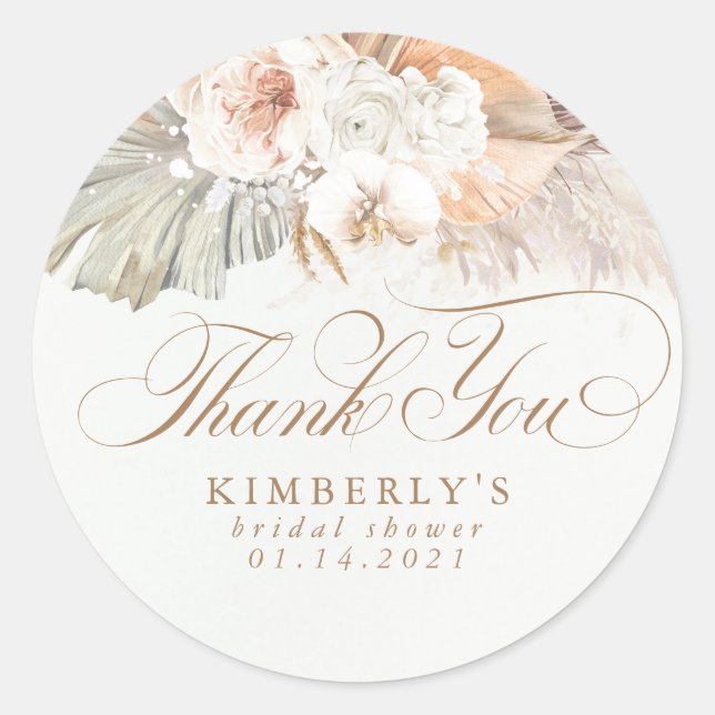 Soft Pastel Flowers Pampas Grass Thank You Classic Round Sticker (Front)