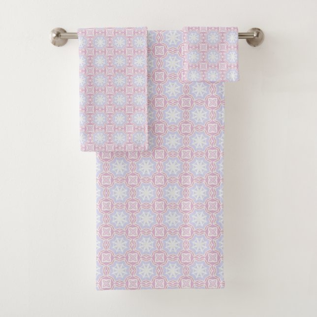 Soft Pastel Geometric Towel Set – Pink & Lavender  (Insitu)