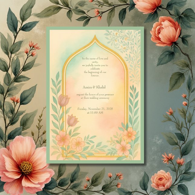 Soft Pastel Gold Floral Arch Wedding Invitation (Creator Uploaded)