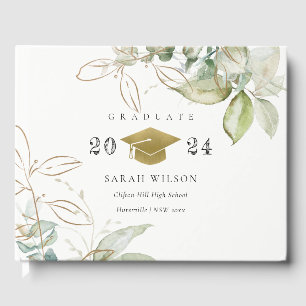 Soft Pastel Gold Green Foliage Graduation Cap Guest Book