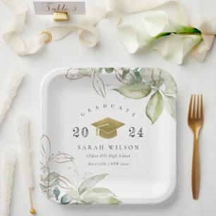 Soft Pastel Gold Green Foliage Graduation Cap Paper Plate