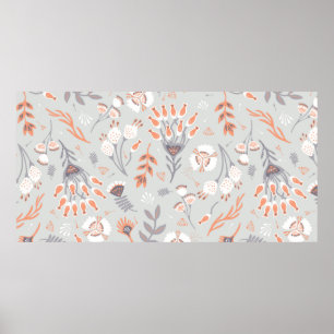 Soft Pastel Grey Orange Floral, Seamless Pattern, Poster