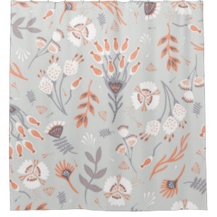 Soft Pastel Grey Orange Floral, Seamless Pattern,  Shower Curtain