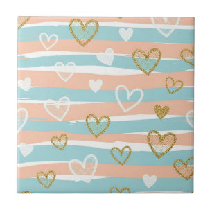 Soft Pastel Heart Stripe Gold Accent Baby Style Ceramic Tile