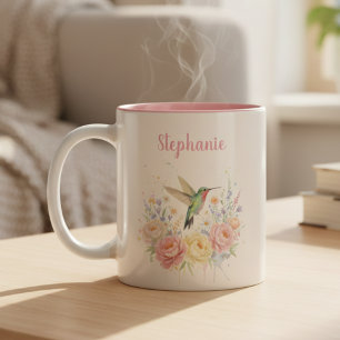 Soft Pastel Hummingbird Floral Two-Tone Coffee Mug