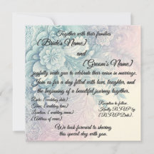 Soft pastel lace design & roses wedding invitation