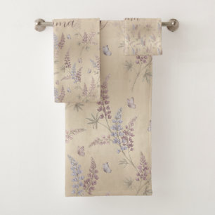 Soft Pastel Lupine & Butterfly Meadow Pattern Bath Towel Set
