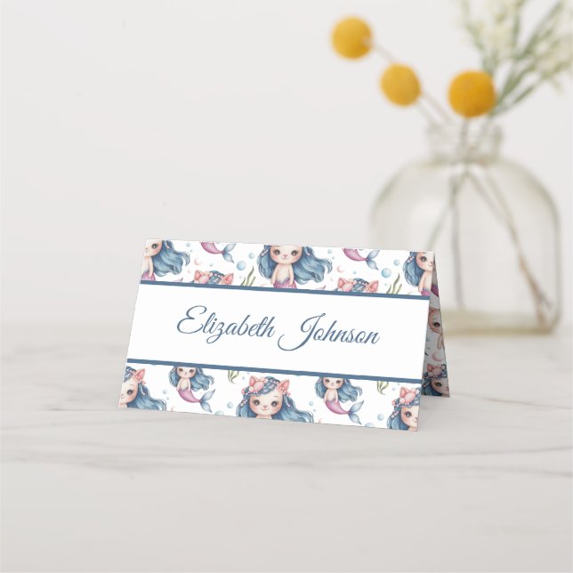 Soft Pastel Mermaid Kitten Girl Birthday Place Card (Front)