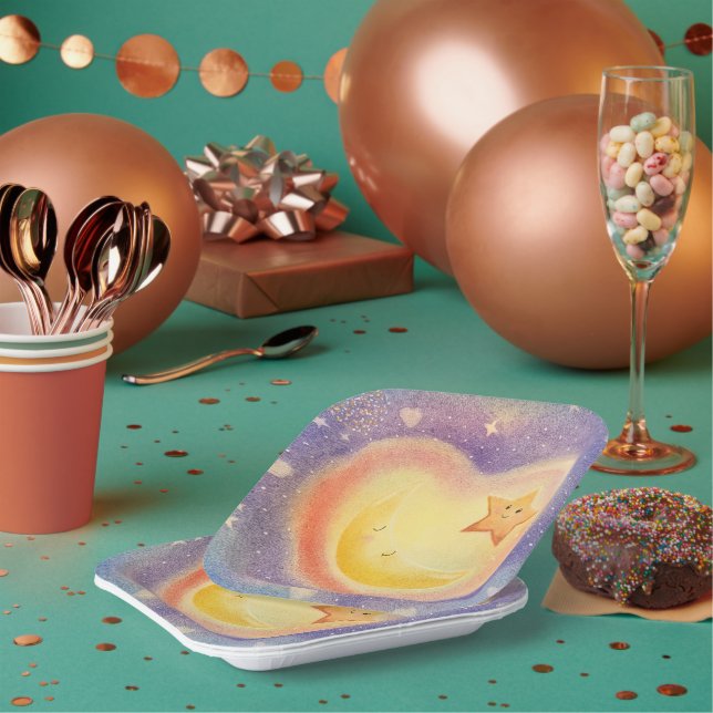 Soft Pastel Moon Star Dreamy Sky Design Paper Plate (Multi)