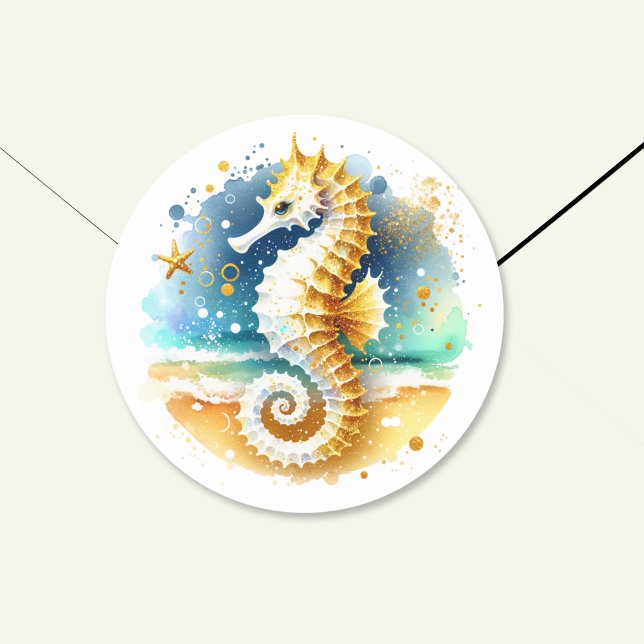 Soft Pastel Ocean Coastal Seahorse Wedding  Classic Round Sticker (Creator Uploaded)