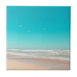 Soft Pastel Ocean Sandy Beach Sky Flying Seagulls Ceramic Tile