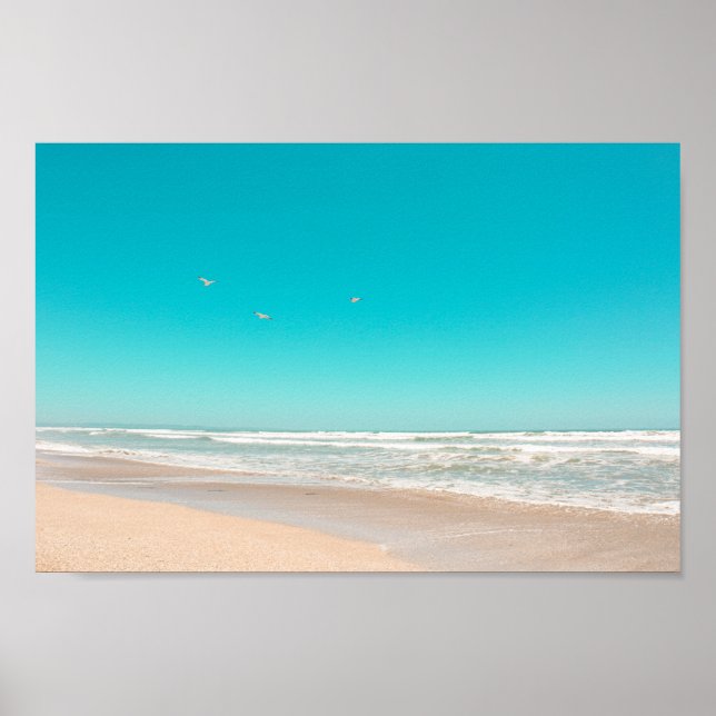 Soft Pastel Ocean Sandy Beach Sky Flying Seagulls Poster (Front)