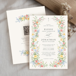 Soft Pastel Ornate Spring Floral QR Code Wedding Invitation