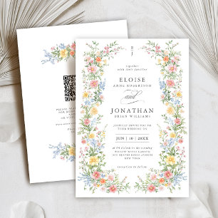 Soft Pastel Ornate Spring Floral QR Code Wedding Invitation