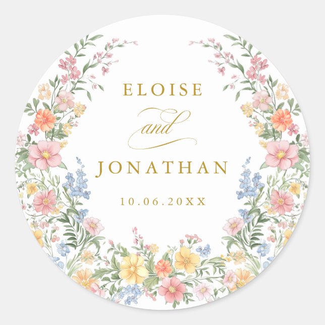 Soft Pastel Ornate Spring Garden Gold Wedding Classic Round Sticker (Front)