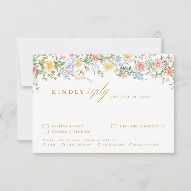 Soft Pastel Ornate Spring Garden Gold Wedding RSVP Card (Front)
