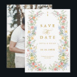 Soft Pastel Ornate Spring Garden Gold Wedding Save The Date<br><div class="desc">Bring timeless charm and romantic elegance to your wedding with this minimalist floral photo gold save the date card, featuring a soft watercolor border of hand-painted blooms. The delicate floral arrangement includes pastel pinks, buttery yellows, soft lavenders, baby blues, and sage greens, gracefully framing your custom text in the center....</div>