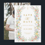 Soft Pastel Ornate Spring Garden Gold Wedding Save The Date<br><div class="desc">Bring timeless charm and romantic elegance to your wedding with this minimalist floral photo gold save the date card, featuring a soft watercolor border of hand-painted blooms. The delicate floral arrangement includes pastel pinks, buttery yellows, soft lavenders, baby blues, and sage greens, gracefully framing your custom text in the center....</div>