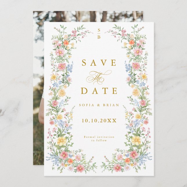 Soft Pastel Ornate Spring Garden Gold Wedding Save The Date (Front/Back)