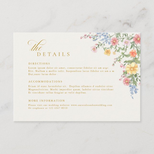 Soft Pastel Ornate Spring Gold Wedding Details Enclosure Card (Front)