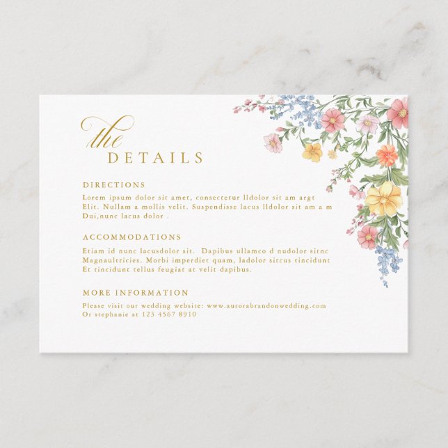 Soft Pastel Ornate Spring Gold Wedding Details Enclosure Card (Front)