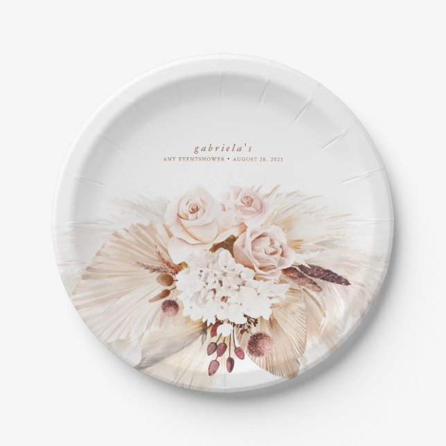Soft Pastel Pampas Grass and Flowers Boho Paper Plate (Front)