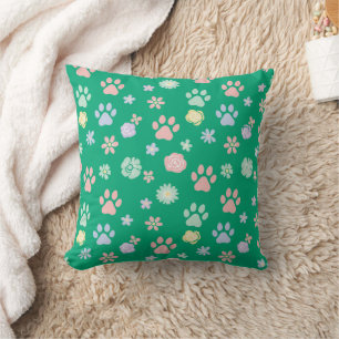 Soft Pastel Paw Prints and Flowers Pattern Cushion