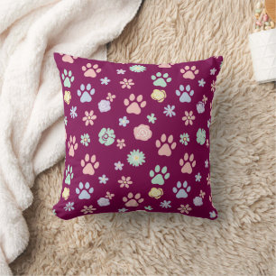 Soft Pastel Paw Prints and Flowers Pattern Cushion