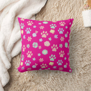 Soft Pastel Paw Prints and Flowers Pattern  Cushion