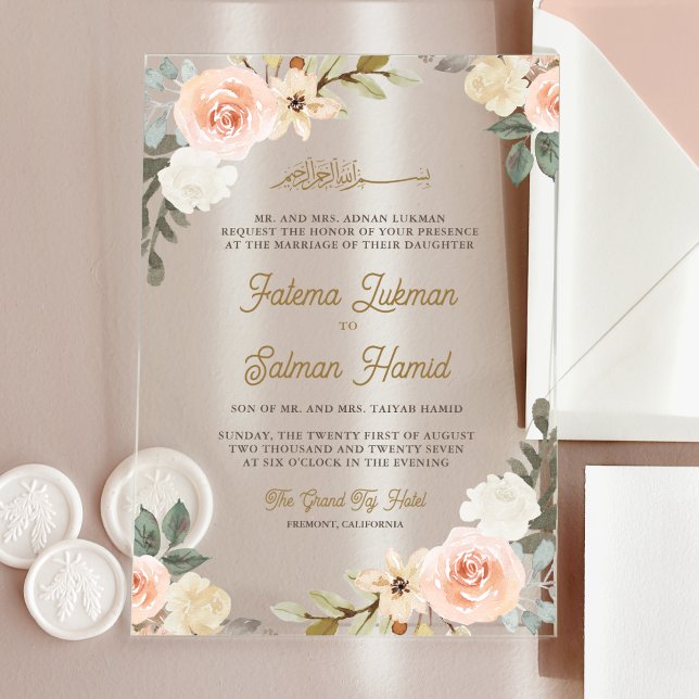 Soft Pastel Peach Floral Islamic Muslim Wedding Acrylic Invitations (Creator Uploaded)