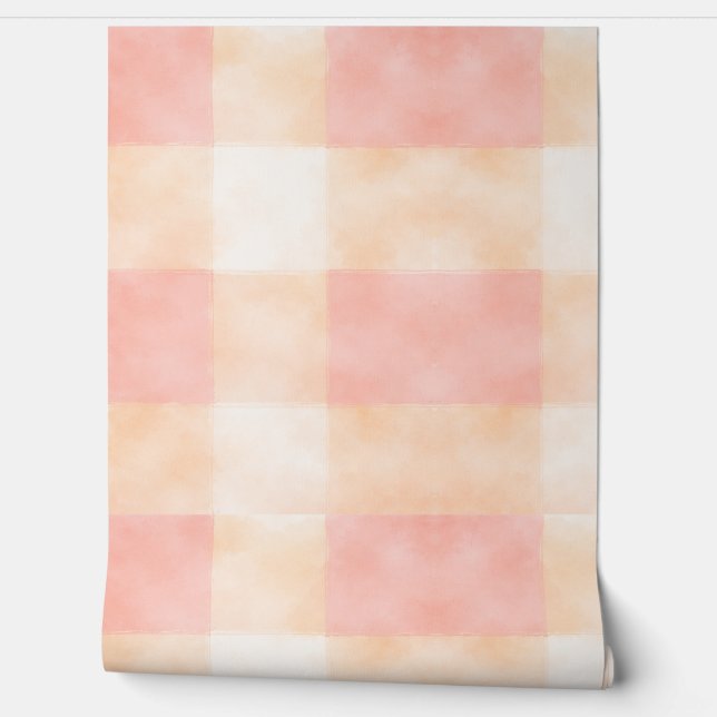 Soft Pastel Peach Peach Watercolor Checkered  Wallpaper (Unrolling)