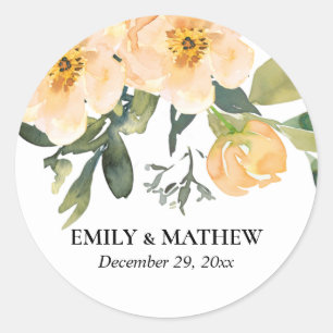 SOFT PASTEL PEACH PEONY FLORAL WATERCOLOR WEDDING CLASSIC ROUND STICKER