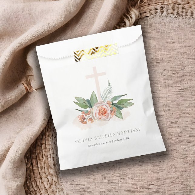 Soft Pastel Peach Rose Floral Cross Bunch Baptism Favour Bag (Creator Uploaded)