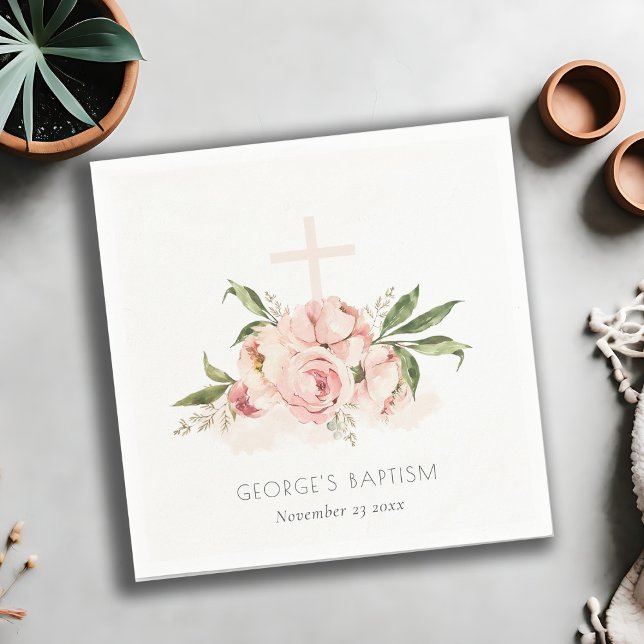 Soft Pastel Peach Rose Floral Cross Bunch Baptism Napkin (Creator Uploaded)