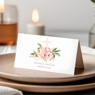 Soft Pastel Peach Rose Floral Cross Bunch Baptism Place Card