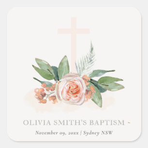Soft Pastel Peach Rose Floral Cross Bunch Baptism Square Sticker