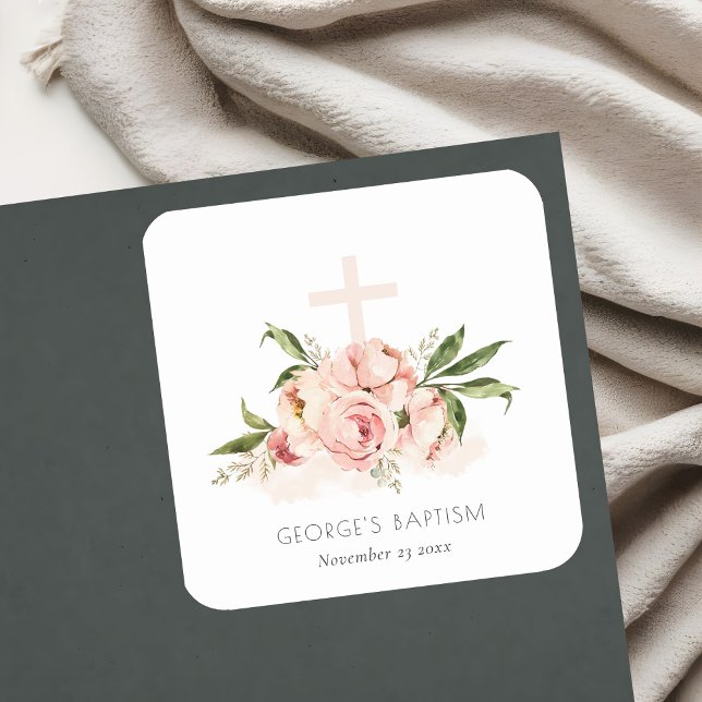 Soft Pastel Peach Rose Floral Cross Bunch Baptism Square Sticker (Creator Uploaded)