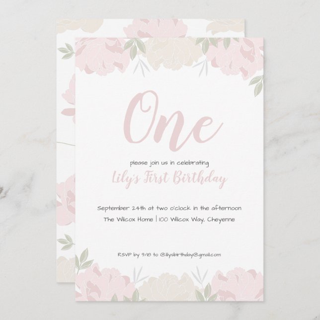 Soft Pastel Peonies Baby Girl's 1st Birthday Party Invitation (Front/Back)