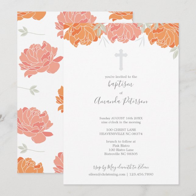 Soft Pastel Peonies Cross Girl Baptism Invitation (Front/Back)